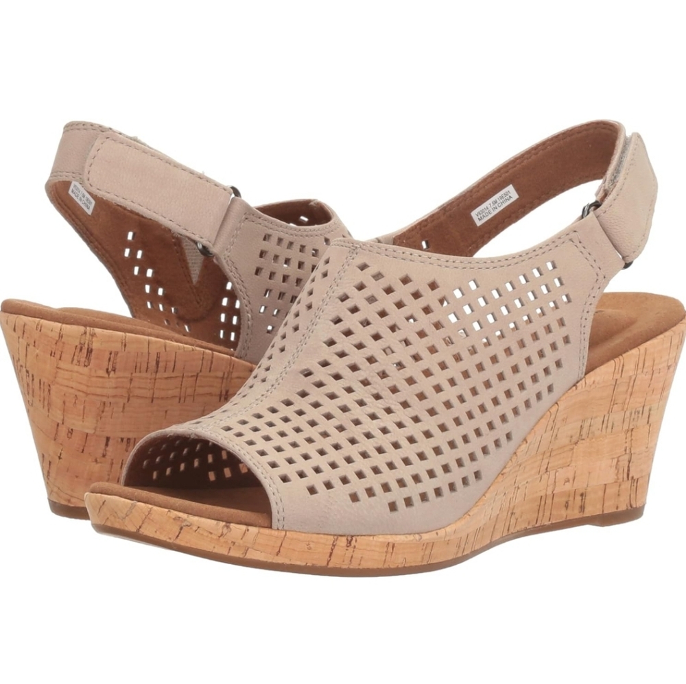 NWOT Rockport Womens Briah Perf Sling Taupe Leather 8.5W Wide wedge comfortable